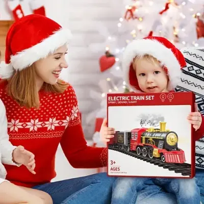 Electric Train Set for Kids Boys and Girls, Classic Christmas Train Toys, Steam Locomotive Engine, Lights & Sound, Tracks, Birthday Toy