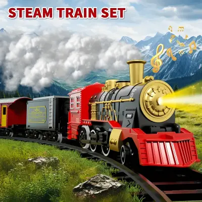 Electric Train Set for Kids Boys and Girls, Classic Christmas Train Toys, Steam Locomotive Engine, Lights & Sound, Tracks, Birthday Toy