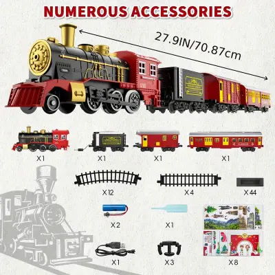 Electric Train Set for Kids Boys and Girls, Classic Christmas Train Toys, Steam Locomotive Engine, Lights & Sound, Tracks, Birthday Toy