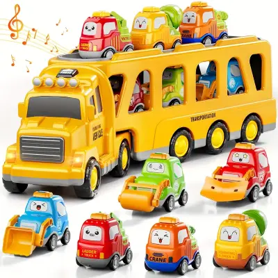 Interactive 16, 9" Long Construction Truck with 6 Cars | Lights & Sounds, Durable ABS Material, Blue & Yellow Design, Perfect Birthday Gift for Boys & Girls Ages 4-6