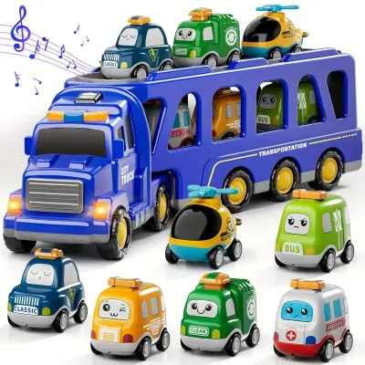 Interactive 16, 9" Long Construction Truck with 6 Cars | Lights & Sounds, Durable ABS Material, Blue & Yellow Design, Perfect Birthday Gift for Boys & Girls Ages 4-6