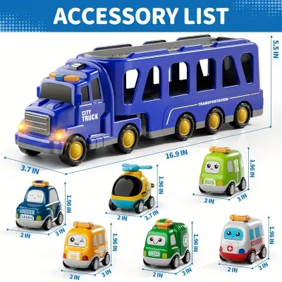 Interactive 16, 9" Long Construction Truck with 6 Cars | Lights & Sounds, Durable ABS Material, Blue & Yellow Design, Perfect Birthday Gift for Boys & Girls Ages 4-6