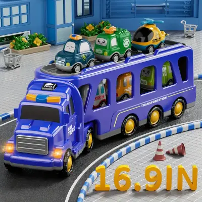 Interactive 16, 9" Long Construction Truck with 6 Cars | Lights & Sounds, Durable ABS Material, Blue & Yellow Design, Perfect Birthday Gift for Boys & Girls Ages 4-6