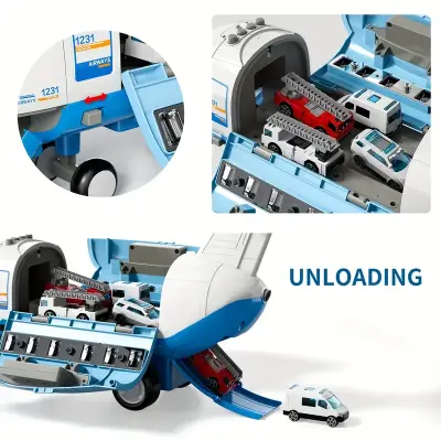 Interactive Blue Transport Spray Airplane Toy with 10 Vehicles | Large Role-Play Construction Vehicle Carrier for Kids Ages 3-7, Develops Motor Skills & Creativity