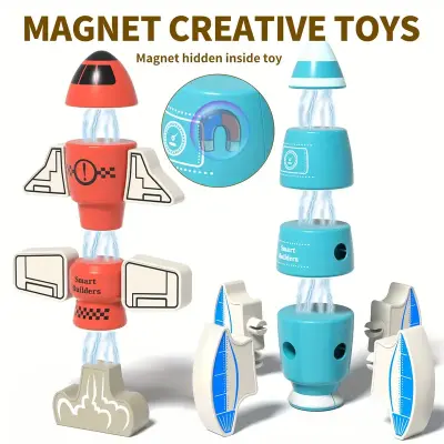 DIY Magnetic Robot Building Toy for Kids 3-5, 33pcs STEM Stacking Playset with Storage Box, Rocket Robot Creative Kit, Magnet Toys Gift for 3+ Years Old Boys & Girls