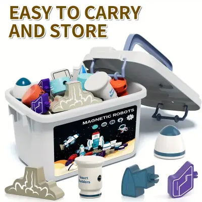 DIY Magnetic Robot Building Toy for Kids 3-5, 33pcs STEM Stacking Playset with Storage Box, Rocket Robot Creative Kit, Magnet Toys Gift for 3+ Years Old Boys & Girls
