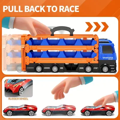 Ejection Race Track Toy Trucks, Catapulting Racing Track with 12 Cars, Kid's Cool Folding Truck Toy, Cars Storage And Transporter Toy Truck for 4 5 6 7 8 9 Years Old Boys And Girls