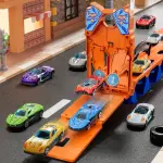 Ejection Race Track Toy Trucks, Catapulting Racing Track with 12 Cars, Kid's Cool Folding Truck Toy, Cars Storage And Transporter Toy Truck for 4 5 6 7 8 9 Years Old Boys And Girls