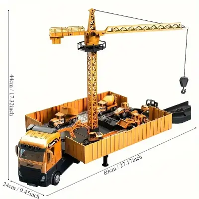 Jumbo Alloy Container Truck Set with Multi-Function Crane - Yellow, Manual Operation, Durable Plastic Construction Toy for Boys, Ideal Christmas Gift